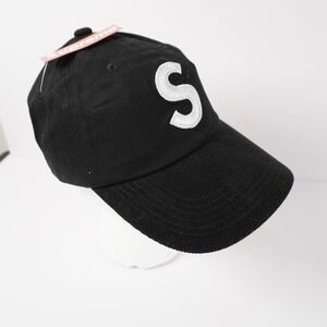 Supreme S Logo 6-Panel Hat Black Corduroy Brim Leather Strapback Cap USA Made